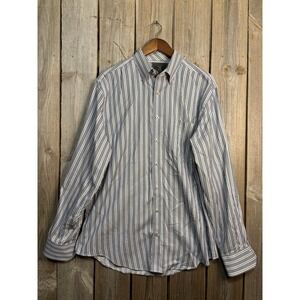 Maker & Company Mens Blue Green Striped Cotton Button Down Shirt Large L MMX